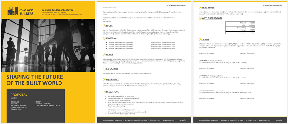 proposal template with yellow cover free to download and use for commercial and residential projects
