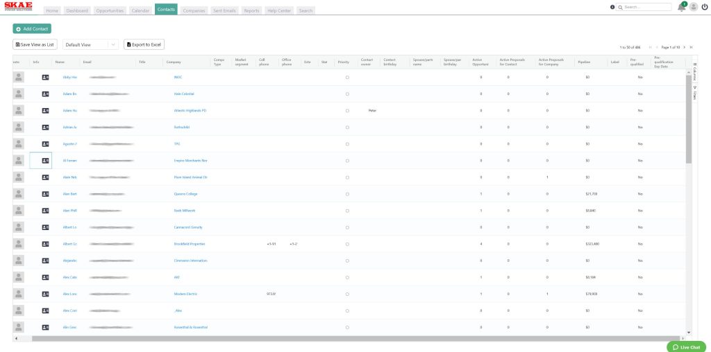 Contacts List View in iDeal's Client Management Software