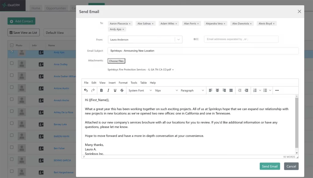 Mass Email Sender Tool in iDeal CRM for Construction